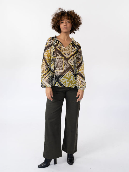 RHEA - Jean large stretch brodé vert